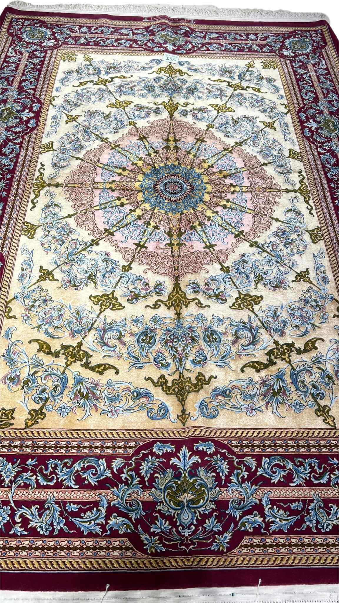 Persian 5x7 red and beige silk floor carpet with intricate design